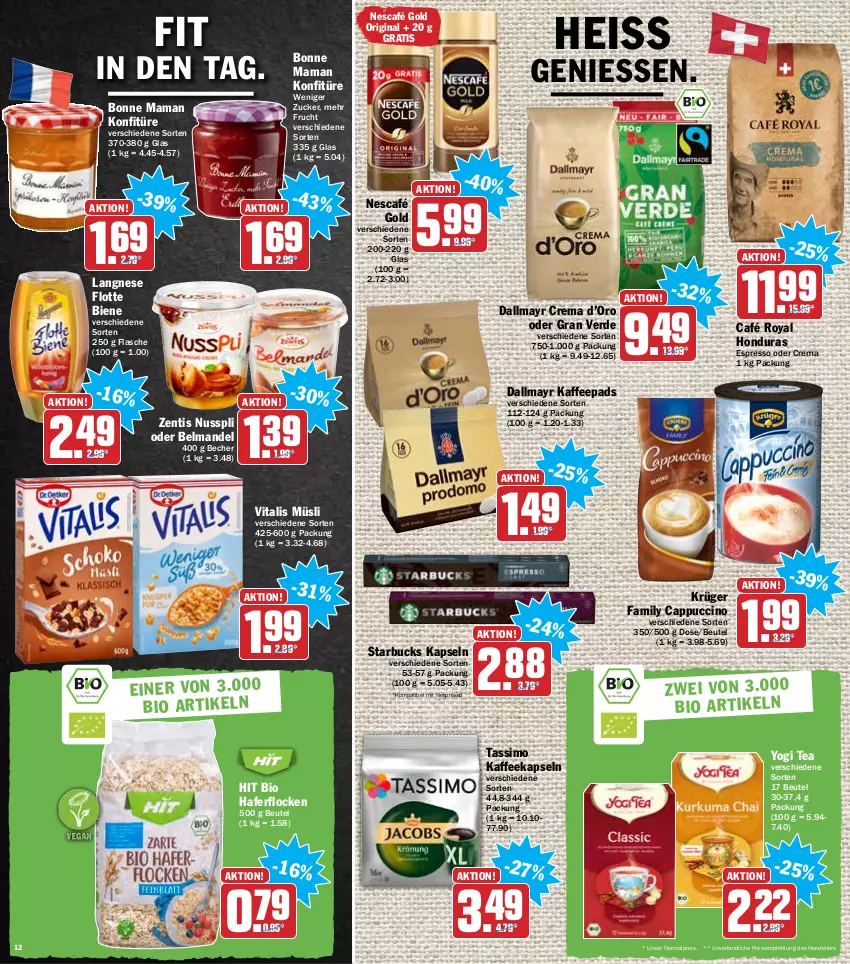 Aktueller Prospekt Hit - Prospekte - von 17.01 bis 22.01.2022 - strona 12 - produkty: Becher, Belmandel, beutel, bio, bonne maman, café royal, Cap, cappuccino, cin, dallmayr, eis, elle, erde, espresso, espresso oder, flasche, frucht, gin, hafer, haferflocken, kaffee, kaffeekapseln, kaffeepads, konfitüre, krüger, langnese, mam, mandel, müsli, Nescafé, nescafé gold, nespresso, nuss, nusspli, reis, sim, starbucks, tassimo, teller, Ti, vita, vitalis, vitalis müsli, Yo, zentis, zucker