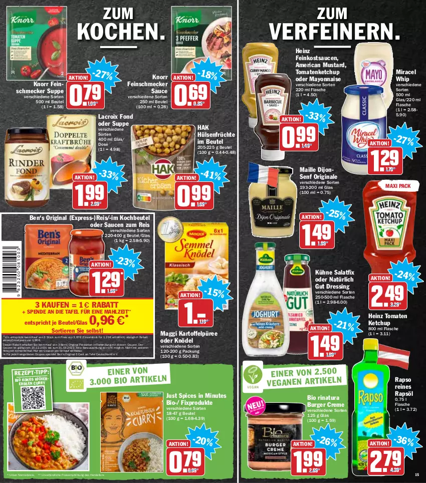 Aktueller Prospekt Hit - Prospekte - von 17.01 bis 22.01.2022 - strona 15 - produkty: Ben’s Original, beutel, bio, burger, coupon, creme, curry, dressing, eis, elle, erbsen, feinkost, feinschmecker, flasche, früchte, gin, heinz, hülsenfrüchte, kartoffel, Kartoffelpüree, ketchup, kichererbsen, Knödel, knorr, kochbeutel, kokos, Kühne, maggi, maille, mayonnaise, miracel, miracel whip, natur, natura, püree, rapso, rapsöl, reines rapsöl, reis, salat, sauce, saucen, senf, suppe, teller, Ti, Tiere, tomate, tomaten, tomaten ketchup, tomatenketchup, Yo