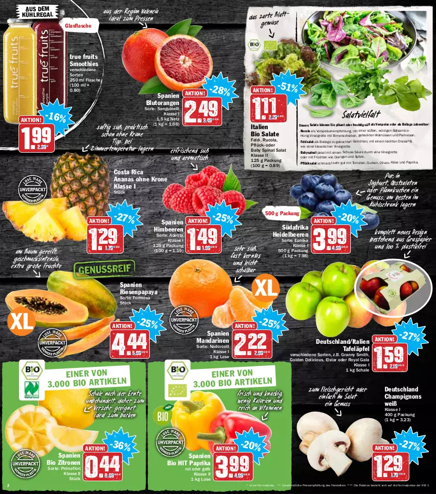 Aktueller Prospekt Hit - Prospekte - von 17.01 bis 22.01.2022 - strona 2 - produkty: ananas, asti, aus dem kühlregal, Babyspinat, balsam, balsamico, Bau, beere, beeren, bio, bio hit, Birnen, Blutorange, champignon, champignons, cola, dressing, eis, elle, feldsalat, flasche, fleisch, frucht, früchte, früchten, glasflasche, gurke, gurken, heidelbeere, heidelbeeren, himbeer, himbeere, himbeeren, honig, ilag, joghur, joghurt, Käse, krone, kuchen, kühlregal, kühlschrank, mac, mandarine, mandarinen, nuss, obst, olive, oliven, orange, orangen, Papaya, papier, paprika, paprika rot, Pfannkuchen, regal, reis, rel, rucola, saft, salat, salate, Schal, Schale, Schrank, smoothie, smoothies, spinat, tafeläpfel, teller, Ti, tisch, tomate, tomaten, true fruits, vita, Vitamine, vorspeise, zitrone, zitronen