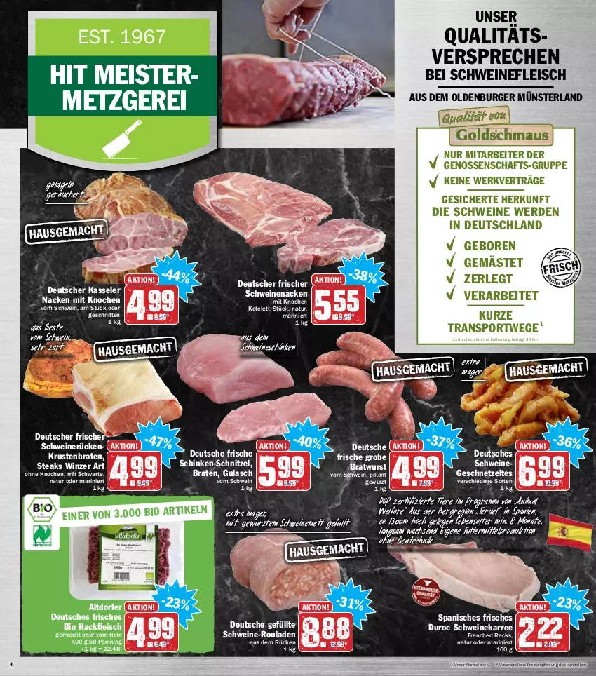 Aktueller Prospekt Hit - Prospekte - von 17.01 bis 22.01.2022 - strona 4 - produkty: bio, braten, bratwurst, burger, eis, elle, ente, erde, fleisch, Germ, geschnetzeltes, gewürz, grobe bratwurst, gulasch, hackfleisch, hackfleisch gemischt, kasseler, kotelett, krustenbraten, Meister, Mett, natur, pfanne, reis, rind, rouladen, rum, saft, schinken, schnitten, schnitzel, schwein, schweine, schweinefleisch, schweinemett, schweinenacken, schweinerücken, Sport, steak, steaks, teller, Ti, Tiere, wein, weine, wurst, Zelt, ZTE