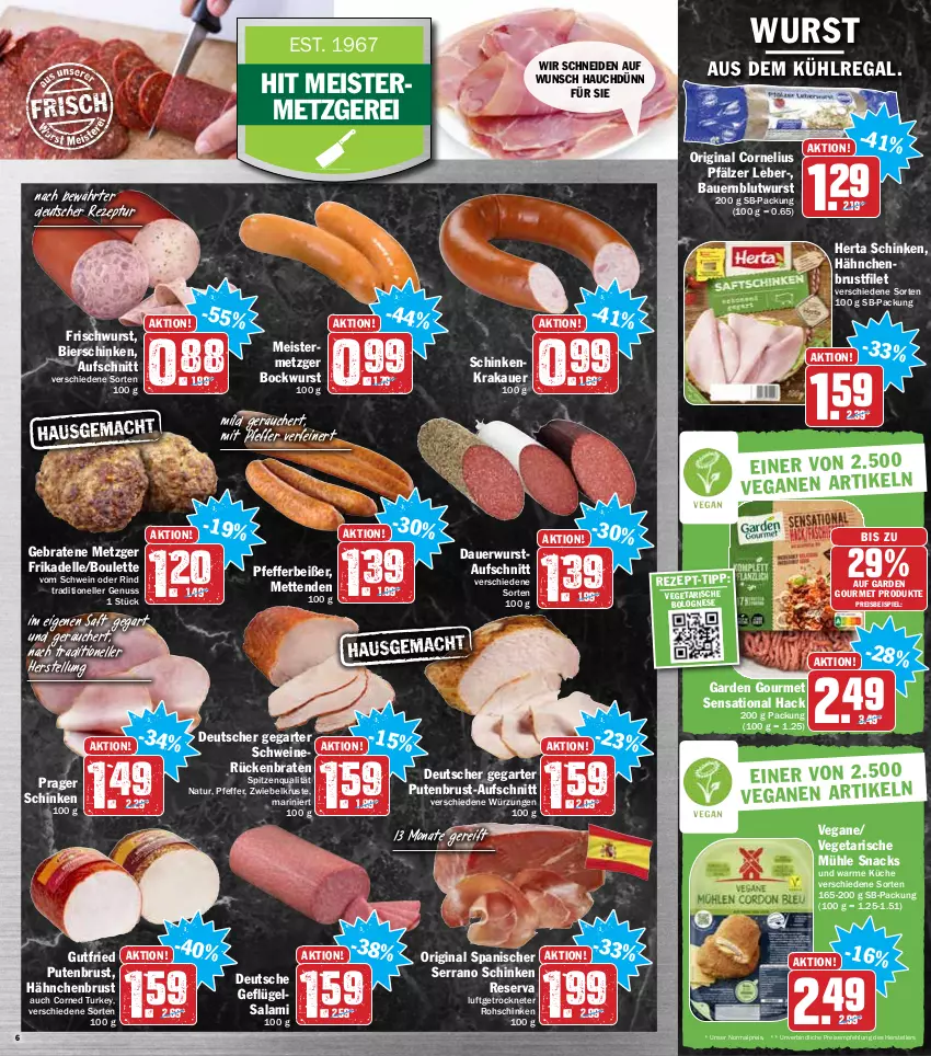 Aktueller Prospekt Hit - Prospekte - von 17.01 bis 22.01.2022 - strona 6 - produkty: auer, aufschnitt, aus dem kühlregal, Bau, Bauer, bier, bierschinken, bockwurst, bolognese, braten, brustfilet, dell, eis, elle, filet, garden gourmet, Geflügel, gin, gutfried, hähnchenbrust, hähnchenbrustfilet, herta, krakauer, küche, kühlregal, Meister, Mett, metten, Mettenden, natur, nuss, pfeffer, Pfefferbeißer, pute, putenbrust, regal, reis, rezept, rind, rohschinken, Rückenbraten, saft, salami, schinken, schinkenkrakauer, schwein, schweine, serrano, serrano schinken, snack, snacks, spitzenqualität, teller, tender, Ti, Vegeta, wein, weine, wurst, zwiebel