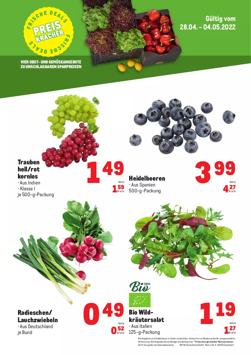 Aktueller Prospekt Metro - Obst & Gemüse Frischepreise - von 28.04 bis 04.05.2022 - strona 1 - produkty: abholpreise, angebot, angebote, beere, beeren, bio, brut, eis, heidelbeere, heidelbeeren, ilag, kräuter, Lauchzwiebel, lauchzwiebeln, Metro, obst, radieschen, Rauch, reis, rwe, salat, Ti, trauben, und gemüse, Wild, zwiebel, zwiebeln