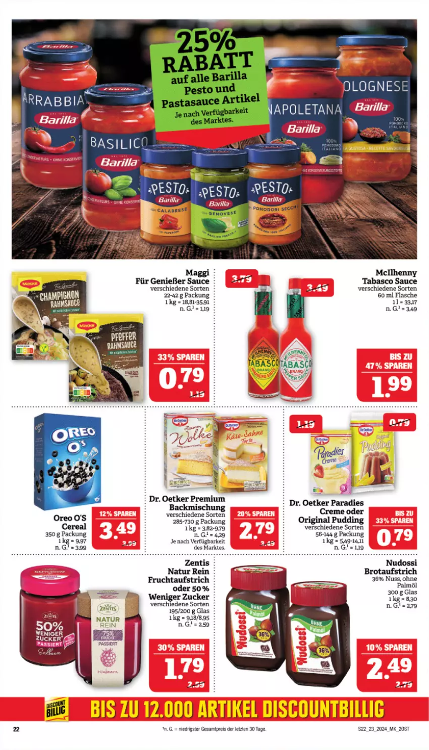 Aktueller Prospekt Marktkauf - Prospekt - von 02.06 bis 08.06.2024 - strona 22 - produkty: aufstrich, backmischung, brot, brotaufstrich, creme, Dr. Oetker, eier, eis, flasche, frucht, fruchtaufstrich, gin, maggi, natur, Nudossi, nuss, oreo, pudding, reis, sauce, tabasco, Ti, zentis, ZTE, zucker