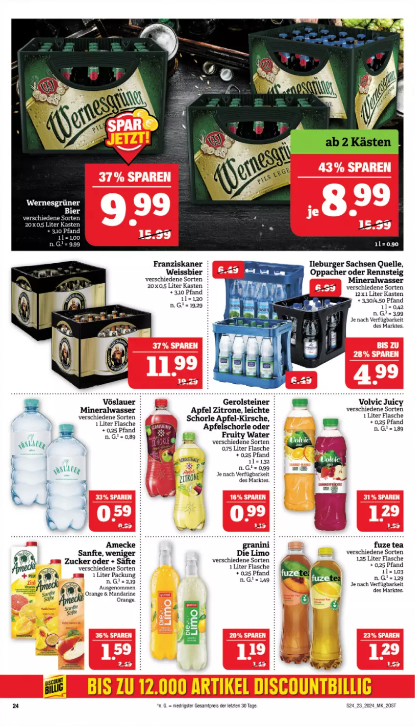 Aktueller Prospekt Marktkauf - Prospekt - von 02.06 bis 08.06.2024 - strona 24 - produkty: Alwa, amecke, apfel, Apfelschorle, auer, bier, burger, eis, elle, flasche, franziskaner, fuze tea, gerolsteine, gerolsteiner, kirsch, kirsche, mandarine, mineralwasser, orange, reis, sac, säfte, schorle, steiner, Ti, volvic, vöslauer, wasser, weissbier, zitrone, ZTE, zucker