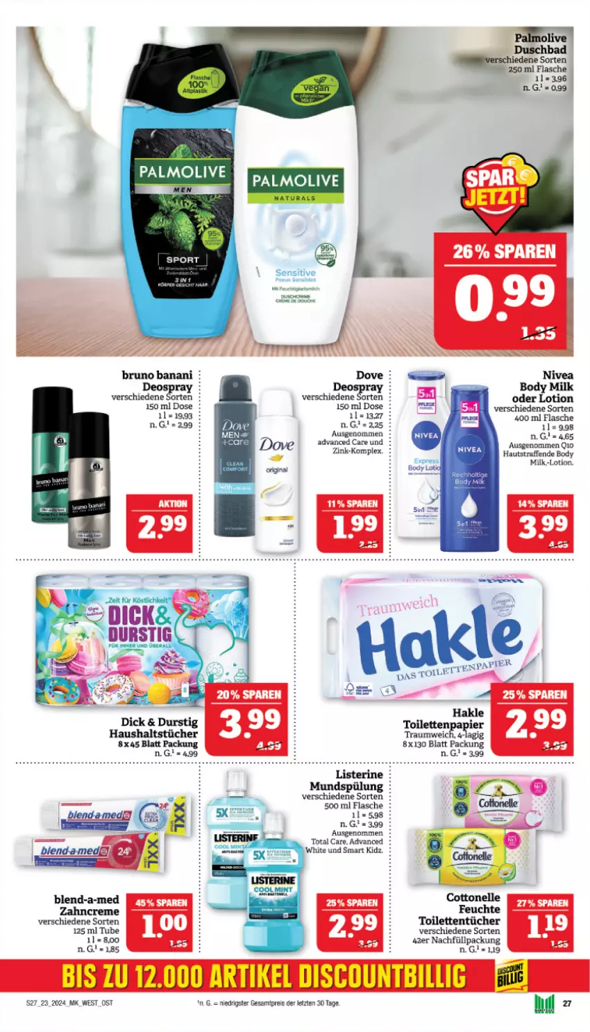 Aktueller Prospekt Marktkauf - Prospekt - von 02.06 bis 08.06.2024 - strona 27 - produkty: Bad, blend-a-med, body, bruno banani, creme, deo, deospray, discount, dove, duschbad, duschcreme, eis, elle, flasche, Lotion, mundspülung, natur, natura, olive, palmolive, reis, spülung, Ti, toilettentücher, total care, tücher, zahncreme, ZTE