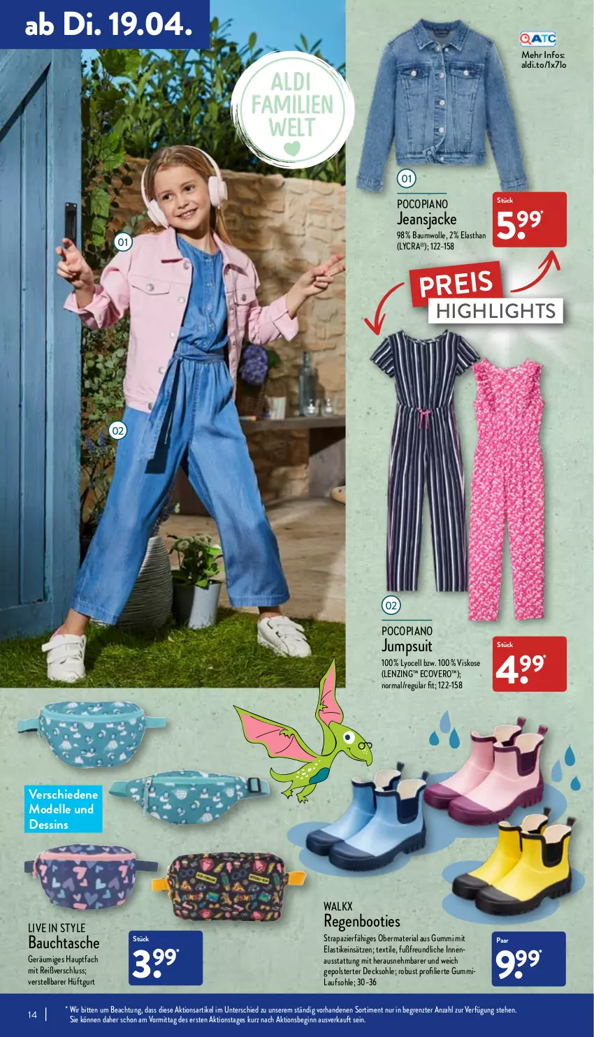 Aktueller Prospekt Aldi Nord - Aldi-Aktuell - von 19.04 bis 23.04.2022 - strona 14 - produkty: aldi, asti, Bau, baumwolle, Booties, decksohle, dell, ecovero, eis, elle, gin, Jacke, jeans, Jeansjacke, jumpsuit, lenzing, Mode, pocopiano, reis, Ria, Tasche, Ti, walkx, wolle, Yo, ZTE