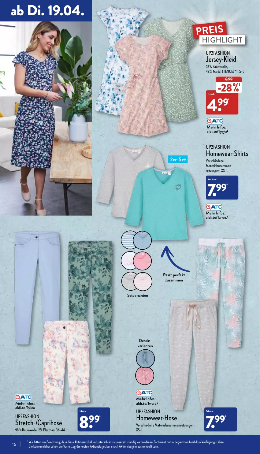 Aktueller Prospekt Aldi Nord - Aldi-Aktuell - von 19.04 bis 23.04.2022 - strona 16 - produkty: aldi, Bau, baumwolle, Cap, caprihose, eis, gin, hose, kleid, reis, Ria, shirt, shirts, Ti, up2fashion, wolle, ZTE