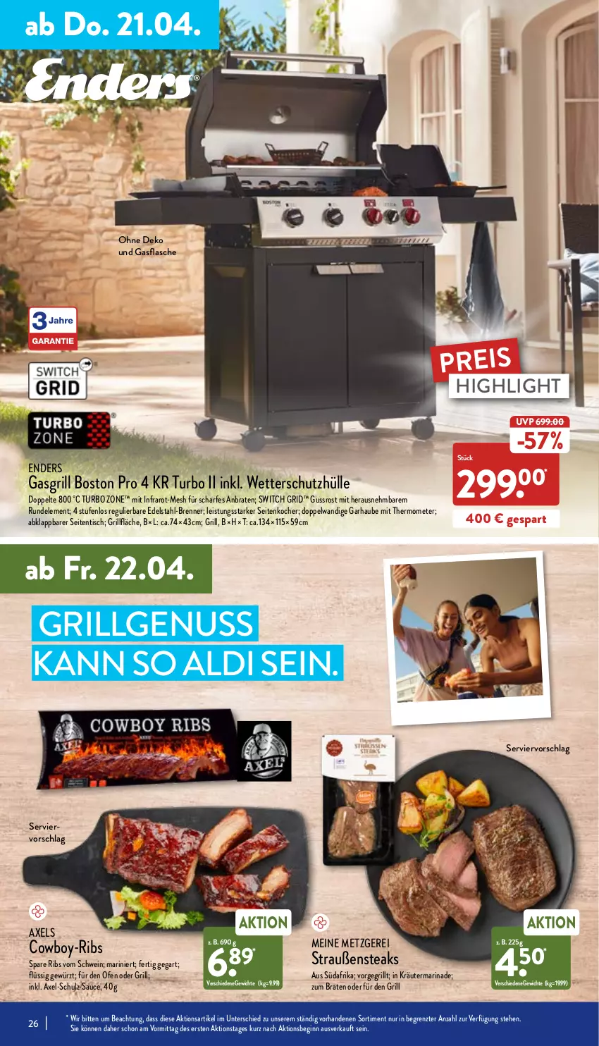 Aktueller Prospekt Aldi Nord - Aldi-Aktuell - von 19.04 bis 23.04.2022 - strona 26 - produkty: aldi, axe, braten, edelstahl, eis, enders, flasche, gasgrill, gewürz, gin, grill, grillfläche, Kocher, kräuter, LG, marinade, mit thermometer, nuss, Ofen, reis, sauce, schutzhülle, schwein, spare ribs, steak, steaks, thermometer, Ti, tisch, wein, ZTE