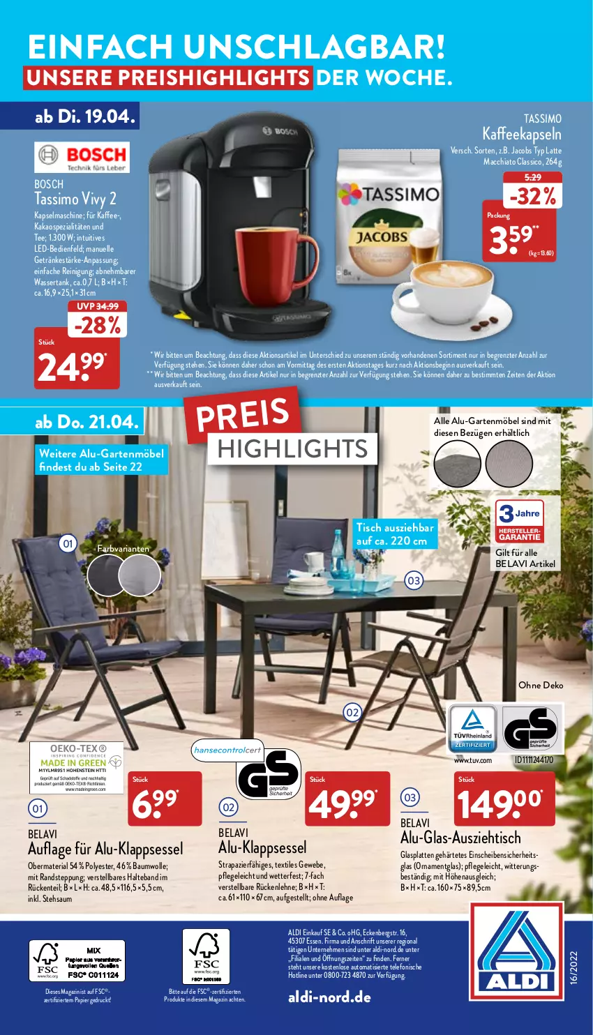 Aktueller Prospekt Aldi Nord - Aldi-Aktuell - von 19.04 bis 23.04.2022 - strona 32 - produkty: ACC, aldi, alu-klappsessel, auto, Bau, baumwolle, bosch, chia, classico, eis, elle, ente, Garten, gartenmöbel, getränk, getränke, gin, glasplatte, jacobs, kaffee, kaffeekapseln, kakao, Kapselmaschine, klappsessel, latte, latte macchiato, mac, macchiato, magazin, möbel, papier, Reinigung, reis, Ria, rückenlehne, sessel, sim, Spezi, tassimo, tee, telefon, Ti, tisch, wasser, wassertank, wolle, ZTE