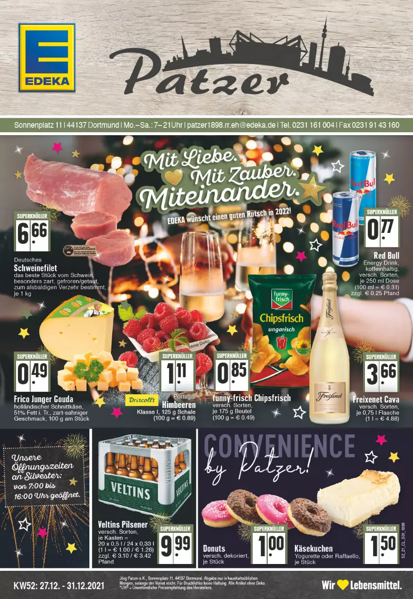 Aktueller Prospekt Edeka - Angebote der Woche - von 27.12.2021 bis 01.01.2022 - strona 1 - produkty: aldi, beutel, drink, eis, elle, energy drink, filet, flasche, frico, gouda, holländischer schnittkäse, Käse, käsekuchen, kuchen, LG, mac, raffaello, reis, Schal, Schale, schnittkäse, schwein, schweine, schweinefilet, teller, Ti, wein, weine, Yo, yogurette