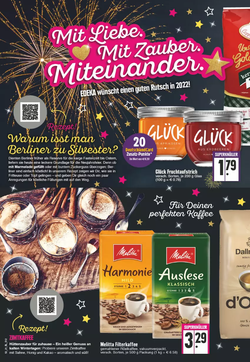 Aktueller Prospekt Edeka - Angebote der Woche - von 27.12.2021 bis 01.01.2022 - strona 12 - produkty: aufstrich, berliner, bier, Biere, eier, ente, filterkaffee, fritteuse, frucht, fruchtaufstrich, Heu, honig, kaffee, kakao, mac, marmelade, melitta, nuss, rezept, röstkaffee, sahne, Ti, tisch, topf, zucker