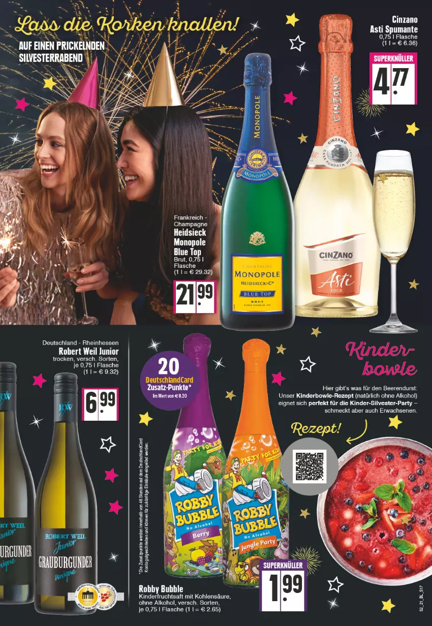 Aktueller Prospekt Edeka - Angebote der Woche - von 27.12.2021 bis 01.01.2022 - strona 17 - produkty: alkohol, asti, beere, beeren, bowle, champagne, cin, cinzano, Cinzano Asti, deutschlandcard, erde, flasche, frucht, fruchtsaft, Kinder, ohne alkohol, puma, rezept, saft, spumante, Ti