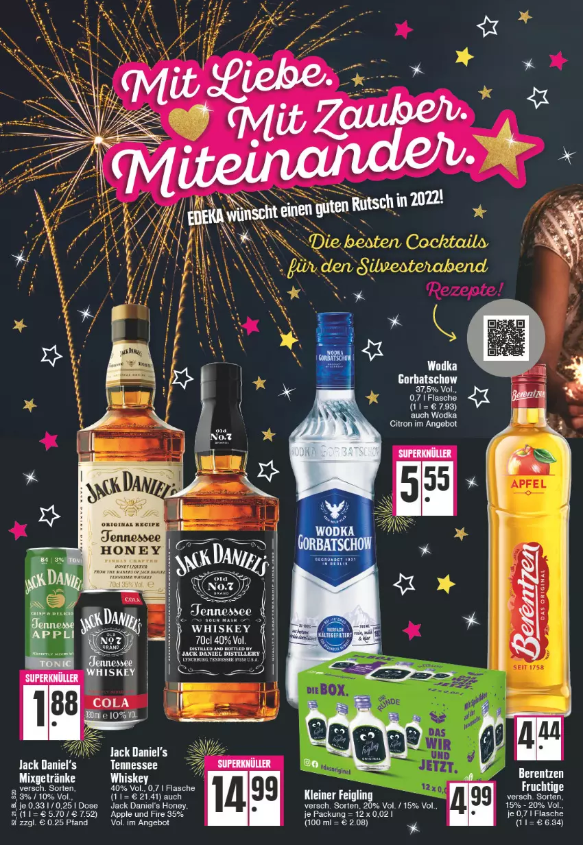 Aktueller Prospekt Edeka - Angebote der Woche - von 27.12.2021 bis 01.01.2022 - strona 20 - produkty: angebot, Apple, cola, eis, flasche, frucht, getränk, getränke, gin, Gorbatschow, jack daniel, jack daniel's, Jack Daniel’s, liqueur, Mixgetränk, Ti, whiskey, wodka