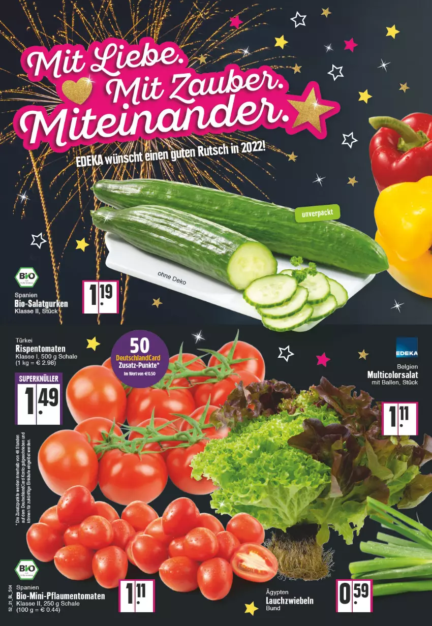 Aktueller Prospekt Edeka - Angebote der Woche - von 27.12.2021 bis 01.01.2022 - strona 4 - produkty: ball, bio, Brei, deutschlandcard, erde, gurke, gurken, Lauchzwiebel, lauchzwiebeln, pflaume, pflaumen, rispentomaten, salat, Salatgurke, salatgurken, Schal, Schale, Ti, tomate, tomaten, zwiebel, zwiebeln