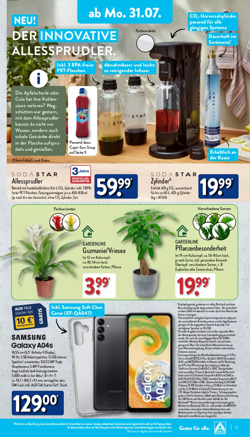 Aktueller Prospekt Aldi Nord - Von Montag - von 31.07 bis 05.08.2023 - strona 13 - produkty: akku, aldi, aldi talk, apfel, Apfelschorle, auer, Betriebssystem, Blüte, Brei, Cap, capri-sun, cola, eier, eis, erde, flasche, frontkamera, Germ, getränk, getränke, gin, hardware, hauptkamera, kamera, kulturtopf, li-ion-akku, medion, passend für alle, pet-flasche, pet-flaschen, pflanze, pflanzen, reis, Ria, ring, rwe, salz, Samsung, Schal, Schale, schorle, sim, sirup, Ti, topf, übertopf, wasser, ZTE