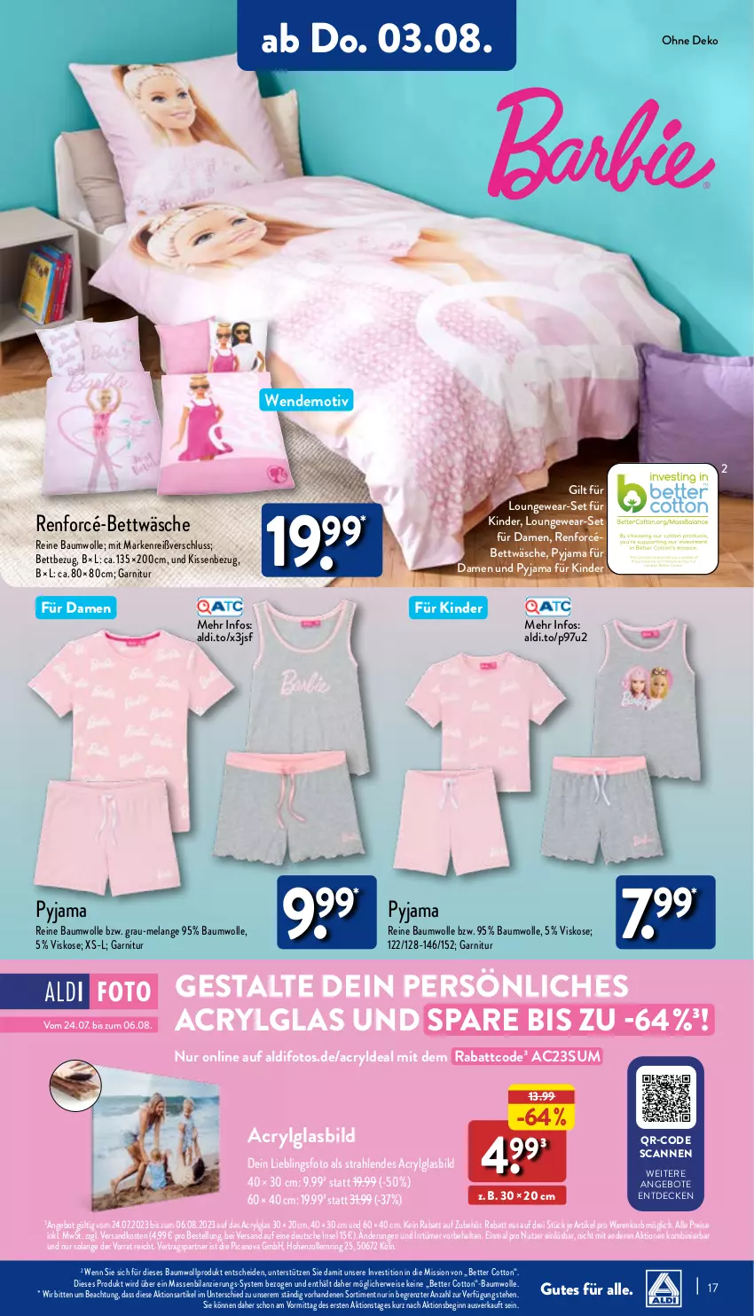 Aktueller Prospekt Aldi Nord - Von Montag - von 31.07 bis 05.08.2023 - strona 17 - produkty: aldi, angebot, angebote, Bau, baumwolle, bett, bettwäsche, decke, eis, Elan, garnitur, gin, Glasbild, Kinder, kissen, Kissenbezug, korb, LG, ndk, Pyjama, reine baumwolle, reis, renforcé-bettwäsche, ring, rwe, Ti, wolle, ZTE