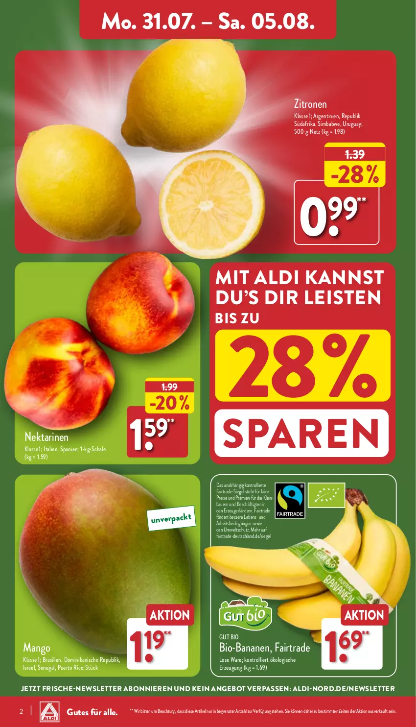 Aktueller Prospekt Aldi Nord - Von Montag - von 31.07 bis 05.08.2023 - strona 2 - produkty: aldi, angebot, auer, banane, bananen, Bau, Bauer, bio, bio-bananen, eis, mango, Nektar, nektarinen, reis, Schal, Schale, sim, simba, Ti, trolli, zitrone, zitronen, ZTE