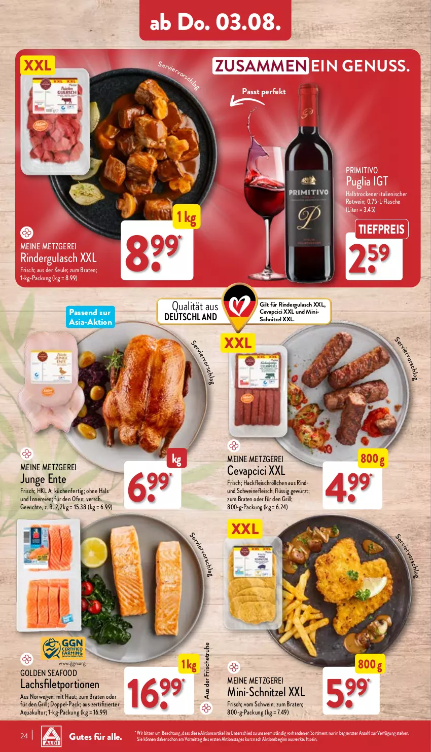 Aktueller Prospekt Aldi Nord - Von Montag - von 31.07 bis 05.08.2023 - strona 24 - produkty: aqua, braten, cevapcici, eis, ente, filet, flasche, fleisch, gewürz, gin, grill, gulasch, hackfleisch, küche, Küchen, lachs, lachsfilet, nuss, Ofen, primitivo, reis, rind, rinder, rindergulasch, rotwein, rwe, schnitzel, schwein, schweine, schweinefleisch, Ti, tiefpreis, wein, weine, ZTE