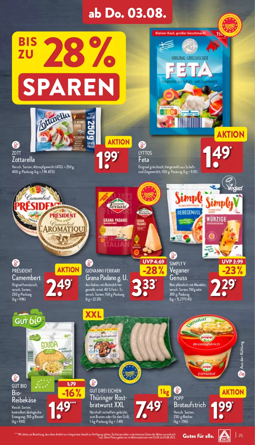 Aktueller Prospekt Aldi Nord - Von Montag - von 31.07 bis 05.08.2023 - strona 25 - produkty: aufstrich, Becher, beutel, bio, braten, bratwurst, brot, brotaufstrich, camembert, eis, feta, gin, grana, grana padano, grill, Käse, mandel, mandeln, milch, nuss, padano, Popp, Rana, Reibekäse, reis, rel, ring, rostbratwurst, sim, thüringer rostbratwurst, Ti, trolli, wurst, zott, zottarella, ZTE