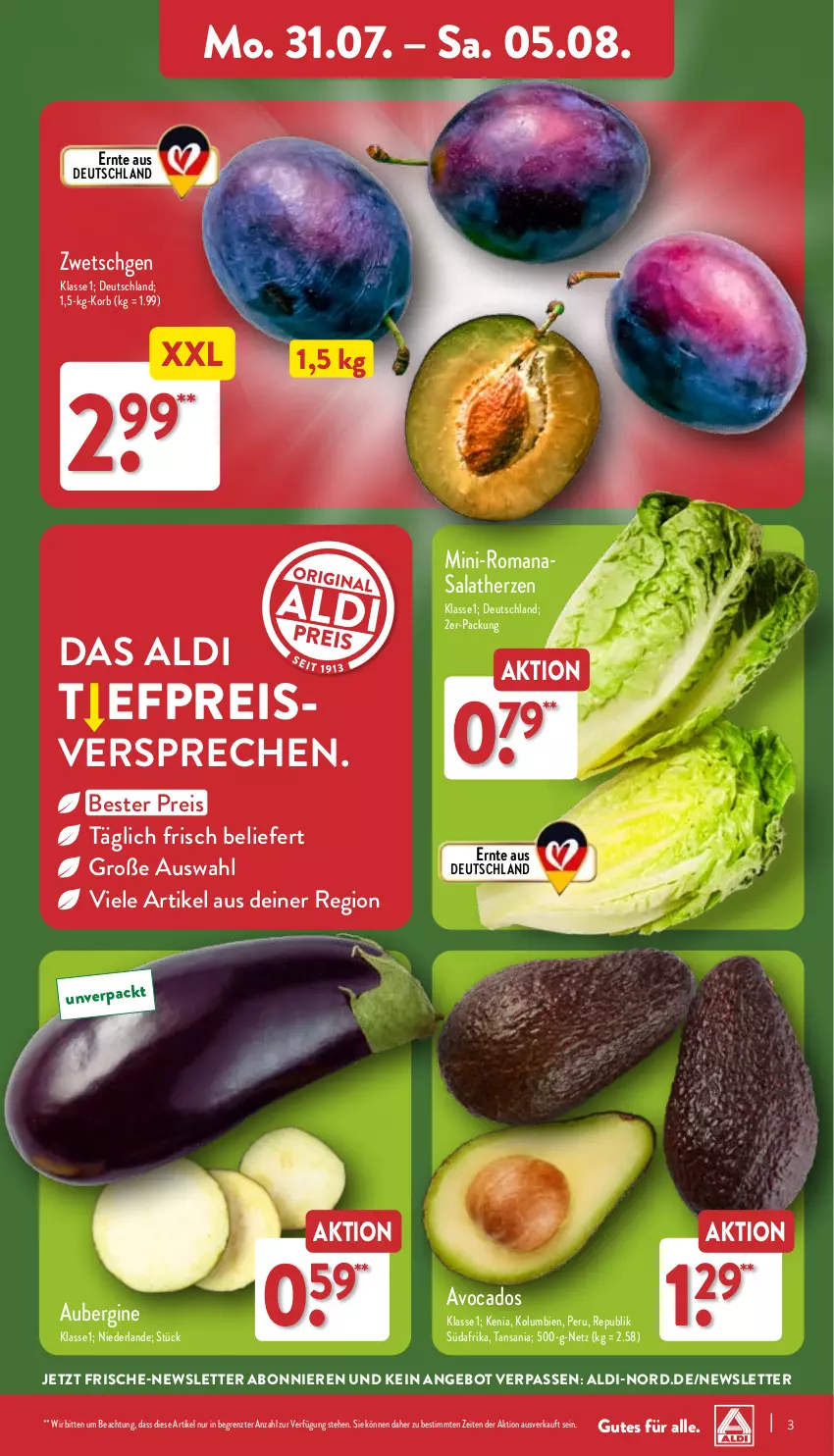 Aktueller Prospekt Aldi Nord - Von Montag - von 31.07 bis 05.08.2023 - strona 3 - produkty: aldi, angebot, aubergine, avocado, avocados, eis, gin, korb, reis, salat, salatherzen, Ti, ZTE