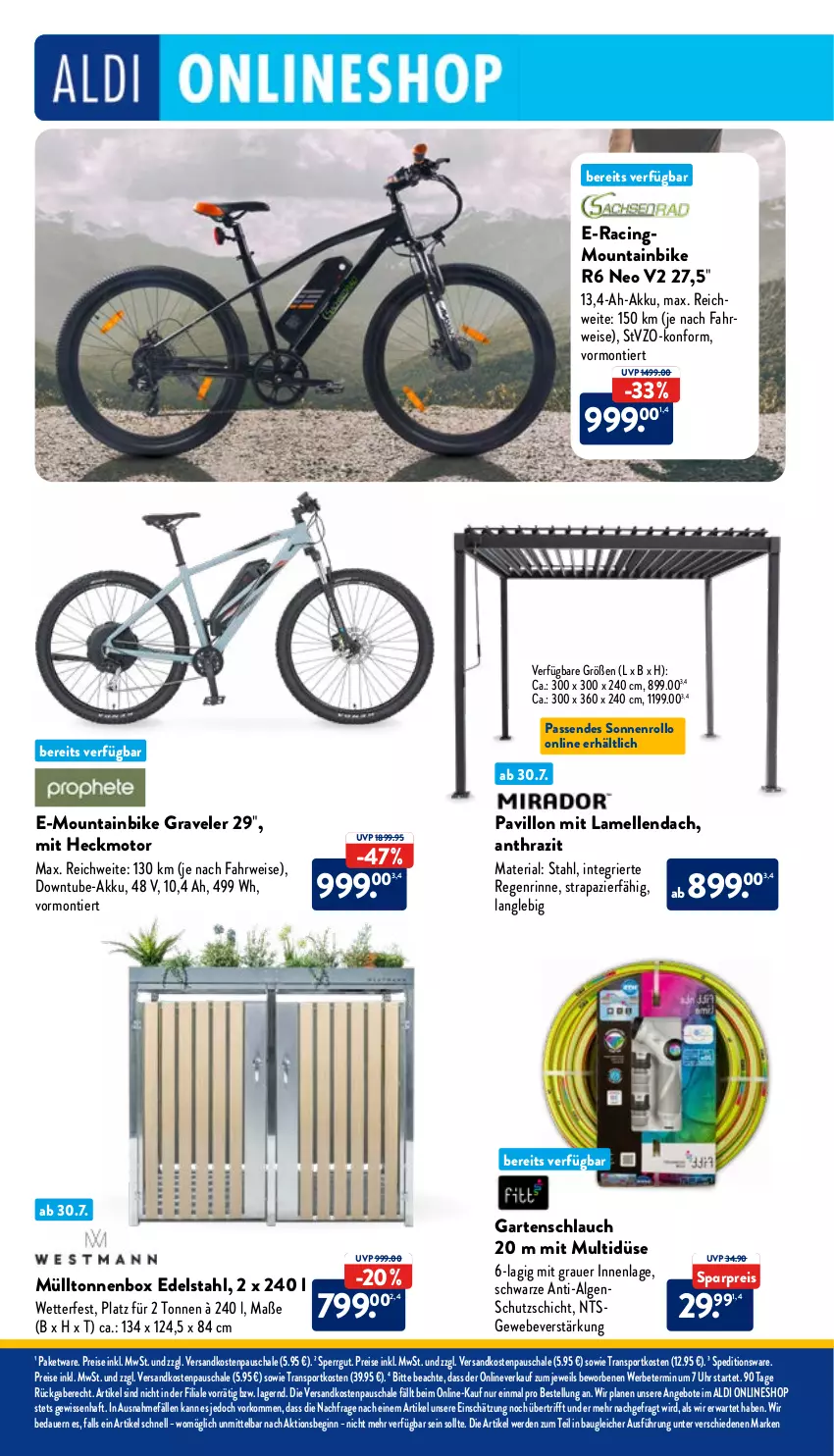 Aktueller Prospekt Aldi Nord - Von Montag - von 31.07 bis 05.08.2023 - strona 30 - produkty: akku, aldi, angebot, angebote, auer, Bau, cin, edelstahl, eis, elle, erde, Garten, gartenschlauch, gin, LG, Mountainbike, ndk, pavillon, reis, Ria, rwe, Schal, Schale, schlauch, Sport, ssd, Ti, uhr