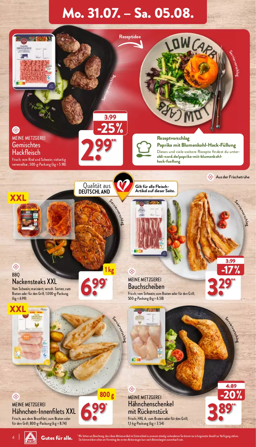 Aktueller Prospekt Aldi Nord - Von Montag - von 31.07 bis 05.08.2023 - strona 4 - produkty: aldi, Bau, bauchscheiben, blume, blumen, blumenkohl, braten, brustfilet, eis, filet, filets, fleisch, gin, grill, hackfleisch, Hähnchen-Innenfilets, hähnchenschenkel, henkel, Nackensteak, nackensteaks, paprika, rezept, rezepte, rind, rwe, schenkel, schwein, steak, steaks, Ti, wein, ZTE