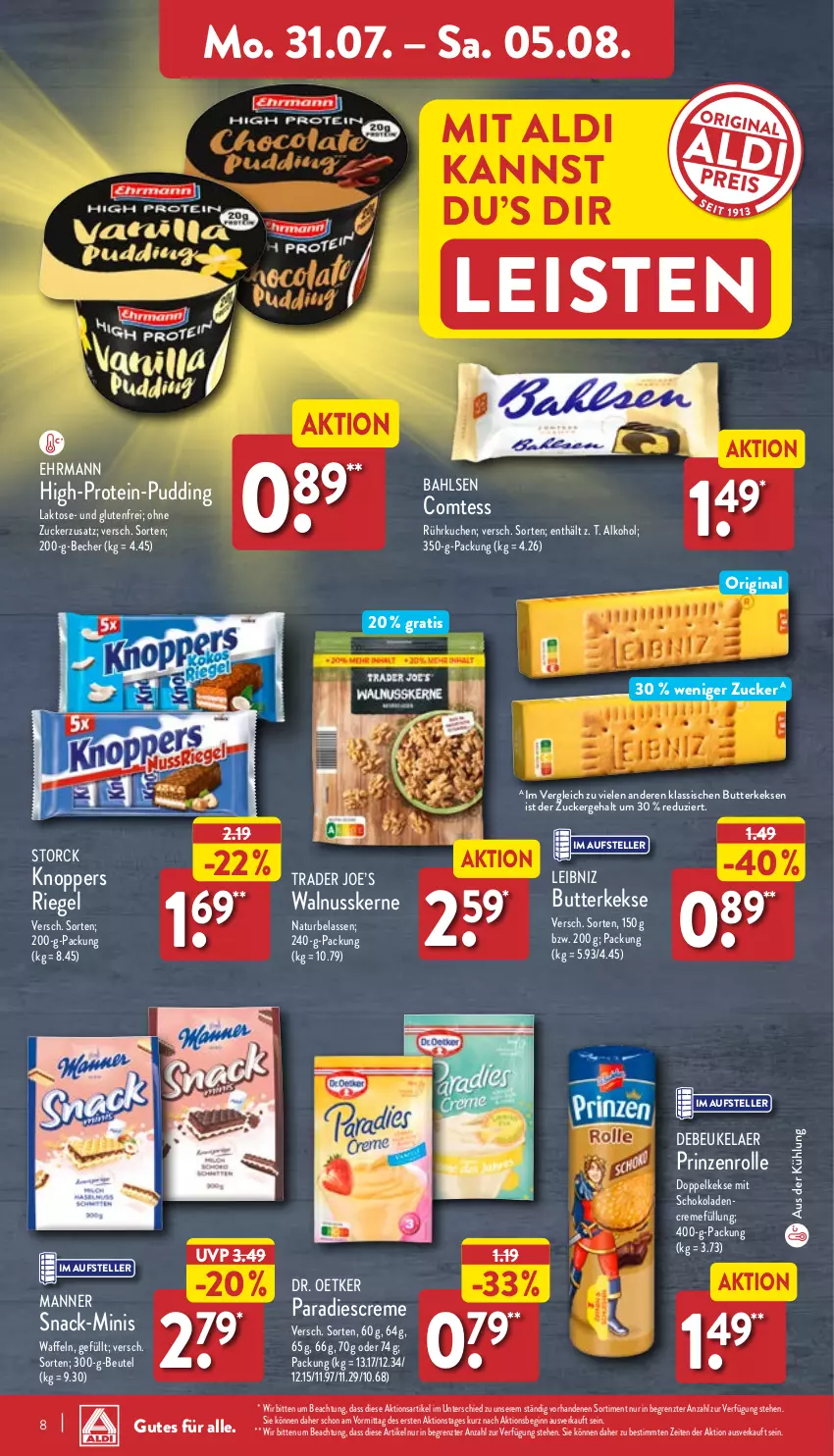 Aktueller Prospekt Aldi Nord - Von Montag - von 31.07 bis 05.08.2023 - strona 8 - produkty: aldi, alkohol, bahlsen, Becher, beutel, butter, butterkeks, comtess, creme, debeukelaer, Doppelkekse, Dr. Oetker, ehrmann, eis, elle, gin, keks, kekse, knoppers, kuchen, leibniz, Manner, natur, nuss, prinzenrolle, pudding, riegel, schoko, snack, storck, teller, Ti, waffeln, walnuss, walnusskerne, ZTE, zucker