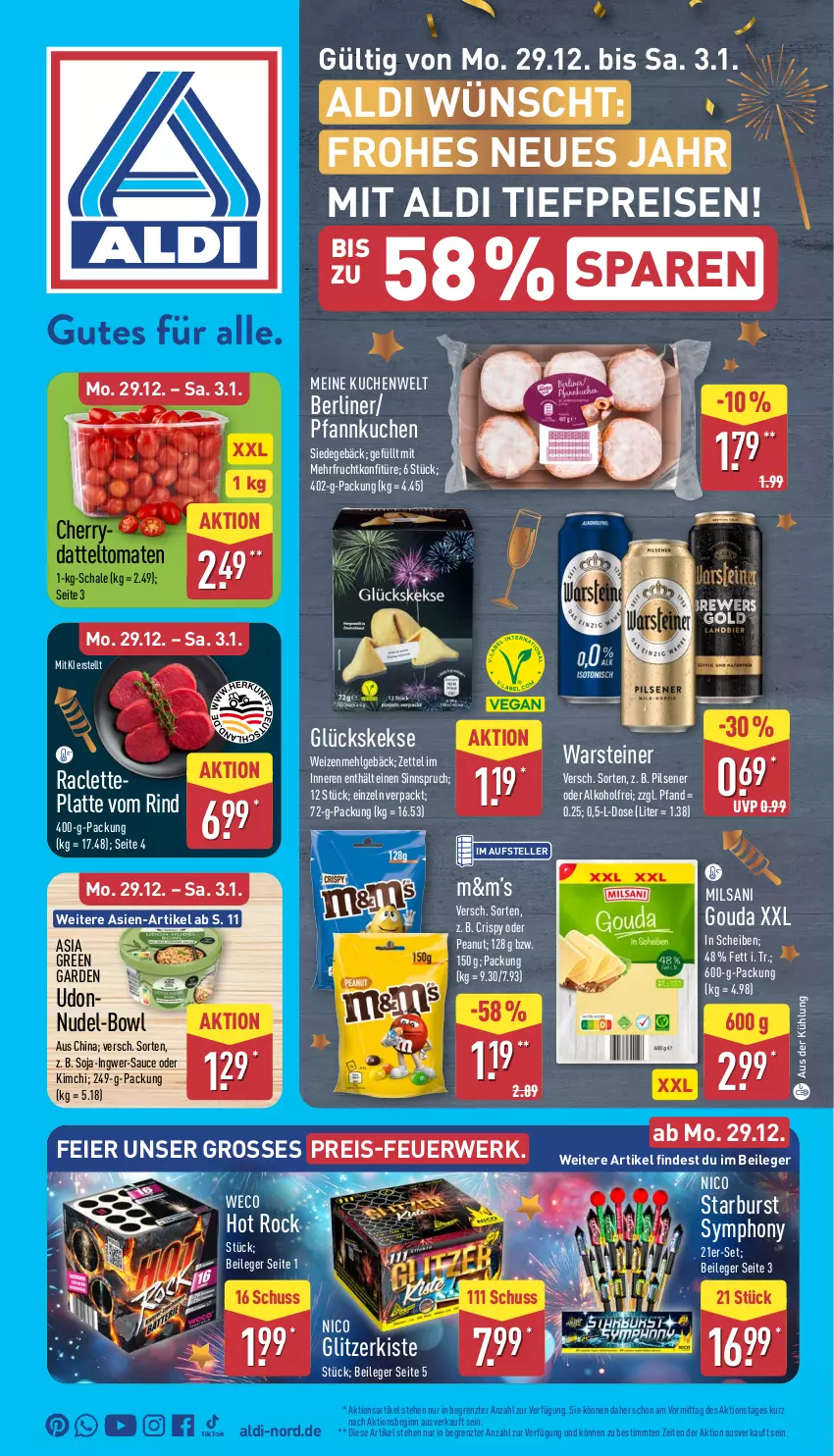 Aktueller Prospekt Aldi Nord - Von Montag - von 29.12.2025 bis 03.01.2026 - strona 1 - produkty: aldi, alkohol, Asia Green Garden, berliner, eier, eis, elle, frucht, gin, gouda, ingwer, keks, kekse, konfitüre, kuchen, latte, LG, mehl, nudel, pils, pilsener, reis, rind, rwe, sauce, Schal, Schale, soja, steiner, teller, Ti, tiefpreis, tomate, tomaten, warsteiner, weizenmehl, ZTE