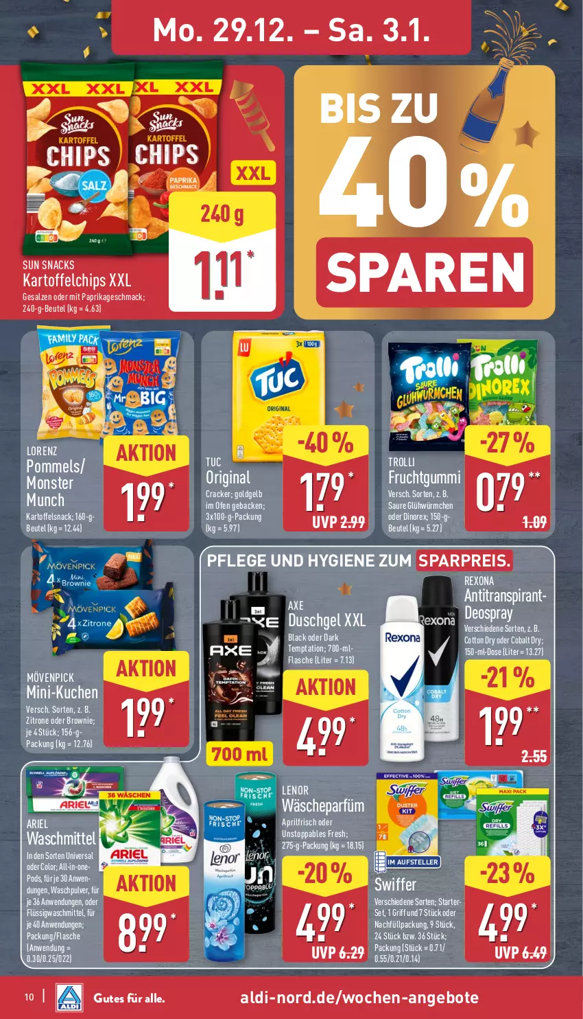 Aktueller Prospekt Aldi Nord - Von Montag - von 29.12.2025 bis 03.01.2026 - strona 10 - produkty: aldi, angebot, angebote, ariel, axe, beutel, brownie, chips, cracker, deo, duschgel, eis, elle, flasche, frucht, fruchtgummi, geback, gin, HP, kartoffel, kartoffelchips, kuchen, lack, lenor, lorenz, mac, mit paprika, monster, mövenpick, Ofen, paprika, Pods, Pommels, pril, reis, rexona, salz, snack, snacks, Sun Snacks, swiffer, teller, Ti, trolli, trolli fruchtgummi, tuc, waschmittel, Waschpulver, zitrone