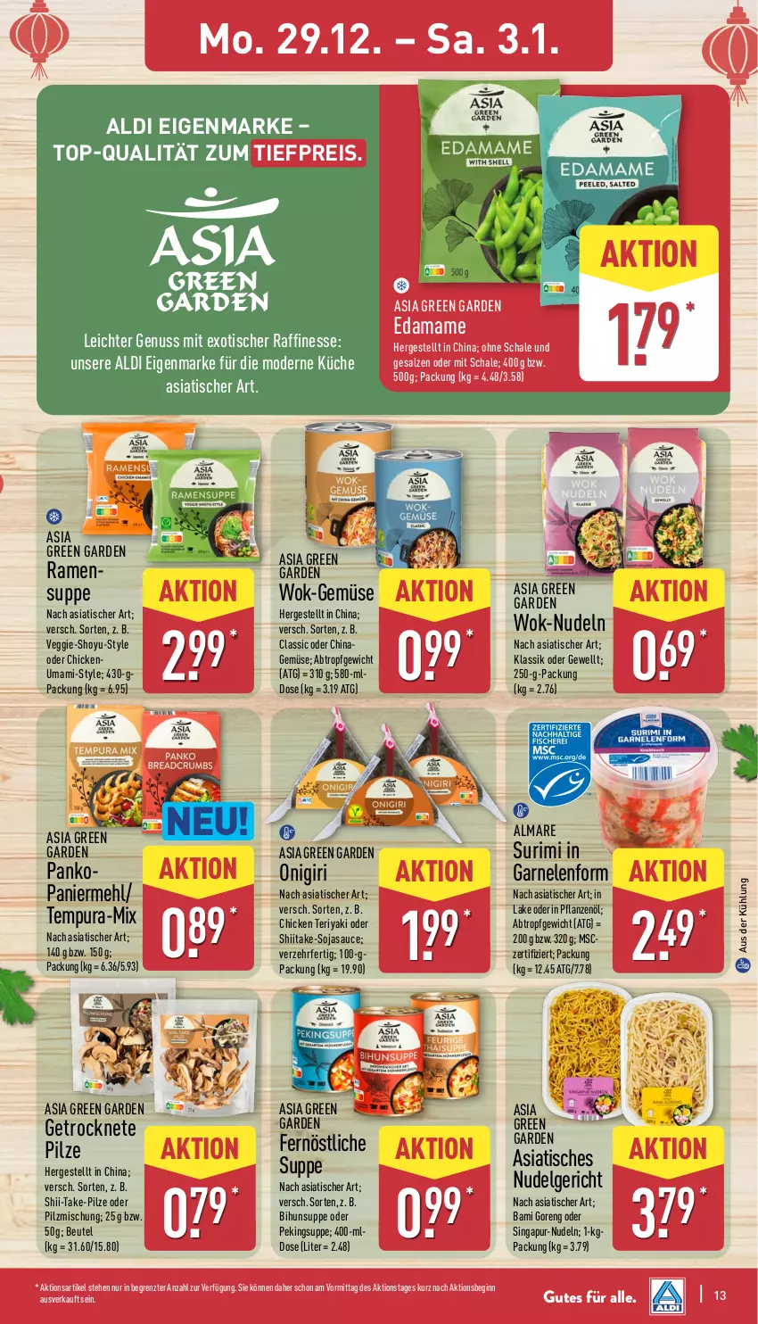 Aktueller Prospekt Aldi Nord - Von Montag - von 29.12.2025 bis 03.01.2026 - strona 13 - produkty: aldi, almare, Asia Green Garden, beutel, eis, finesse, garnelen, gin, küche, LG, mam, mehl, Mode, nudel, Nudelgericht, nudeln, nuss, Paniermehl, pflanze, pflanzen, Pflanzenöl, pilze, Pilzmischung, reis, salz, sauce, Schal, Schale, soja, sojasauce, suppe, Ti, tiefpreis, tisch, veggie, wok, ZTE