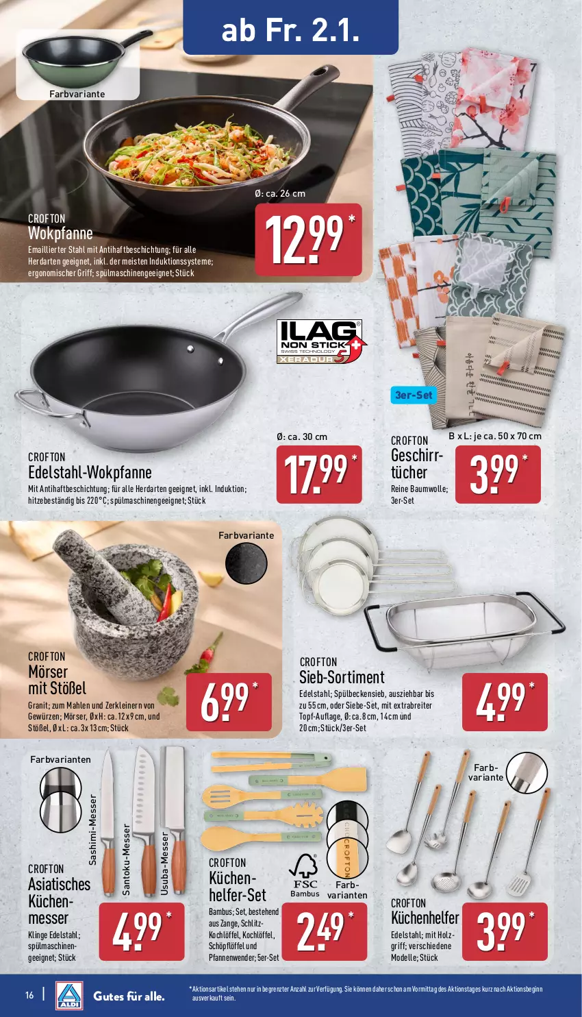 Aktueller Prospekt Aldi Nord - Von Montag - von 29.12.2025 bis 03.01.2026 - strona 16 - produkty: bambus, Bau, baumwolle, Brei, Crofton, dell, edelstahl, eis, elle, geschirr, gewürz, gin, herdarten, Holz, küche, Küchen, Küchenhelfer, leine, Löffel, messer, Mode, pfanne, pfannen, reine baumwolle, Ria, spülmaschinen, Ti, tisch, topf, tücher, und pfanne, wok, wolle, ZTE