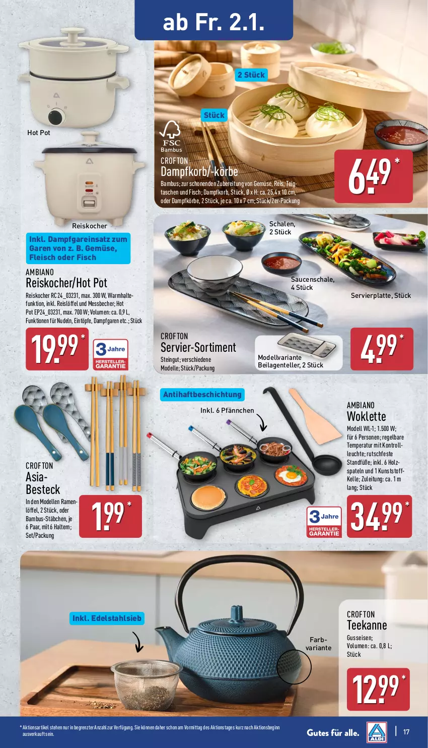 Aktueller Prospekt Aldi Nord - Von Montag - von 29.12.2025 bis 03.01.2026 - strona 17 - produkty: ambia, bambus, Becher, besteck, Crofton, dell, edelstahl, eintöpfe, eis, elle, ente, fisch, fleisch, gin, ilag, Kocher, korb, latte, Leuchte, Löffel, Messbecher, Mode, nudel, nudeln, reis, Ria, sauce, saucen, Schal, Schale, Tasche, taschen, tee, teekanne, teller, Ti, wok, ZTE