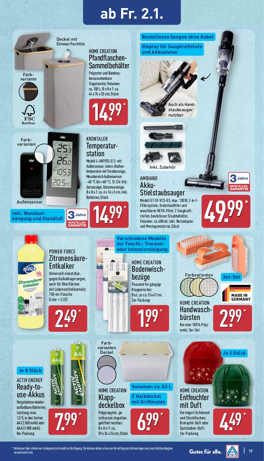 Aktueller Prospekt Aldi Nord - Von Montag - von 29.12.2025 bis 03.01.2026 - strona 19 - produkty: adapter, akku, ambia, apfel, bambus, batterie, batterien, Behälter, beutel, Bodenwischbezüge, bürste, bürsten, decke, Deckel, dell, eis, elle, entkalker, flasche, gin, handstaubsauger, kraft, lebensmittel, Mode, obst, Reinigung, Ria, ring, staubsauger, Stielstaubsauger, Tasche, Ti, tragetasche, zitrone, zitronen, ZTE