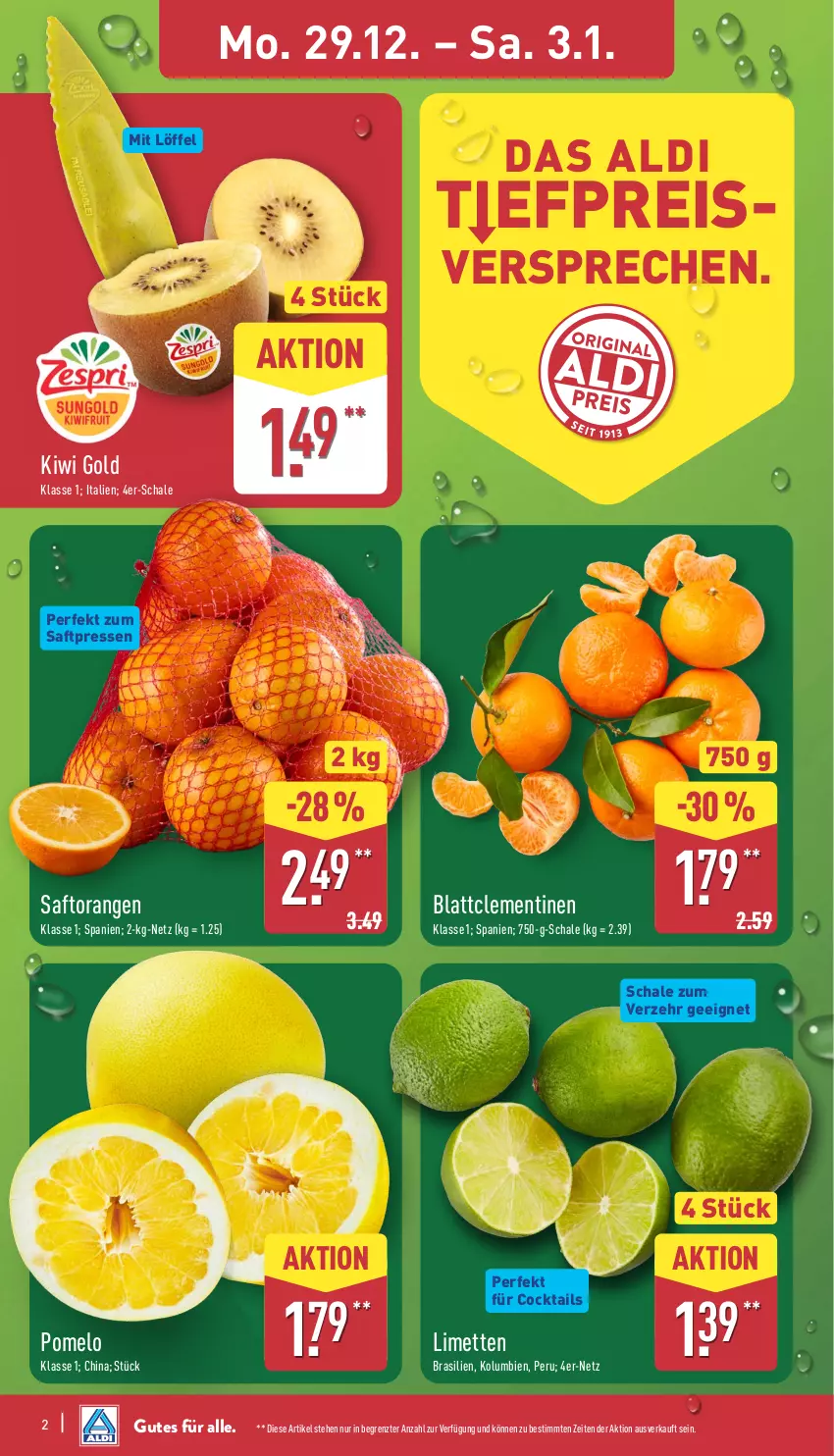 Aktueller Prospekt Aldi Nord - Von Montag - von 29.12.2025 bis 03.01.2026 - strona 2 - produkty: aldi, Blattclementinen, clementinen, cocktail, cocktails, eis, kiwi, Kiwi Gold, limette, limetten, Löffel, Mett, metten, orange, orangen, Pomelo, reis, saft, Saftorangen, Schal, Schale, Ti, ZTE