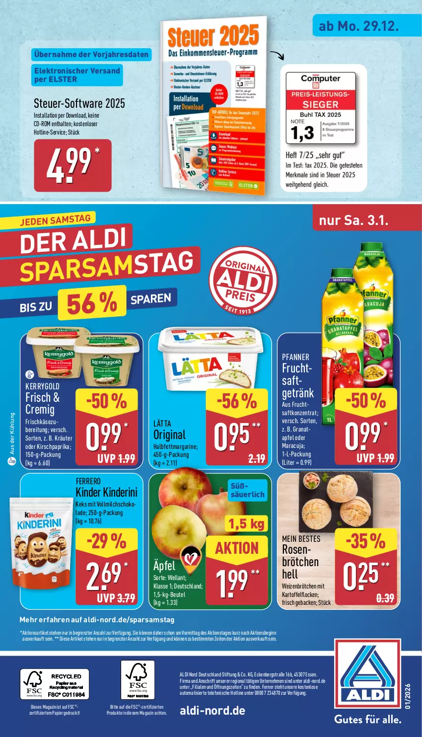 Aktueller Prospekt Aldi Nord - Von Montag - von 29.12.2025 bis 03.01.2026 - strona 24 - produkty: aldi, apfel, auto, beutel, brötchen, Elektro, ferrero, frischkäse, frucht, geback, getränk, gin, grana, halbfettmargarine, HP, kartoffel, Käse, keks, kerrygold, Kinder, kirsch, kräuter, lätta, magazin, maracuja, margarine, milch, papier, paprika, pfanne, Pfanner, Rana, rosen, saft, schoko, Software, telefon, Ti, vollmilch, weizenbrötchen, Wella, ZTE