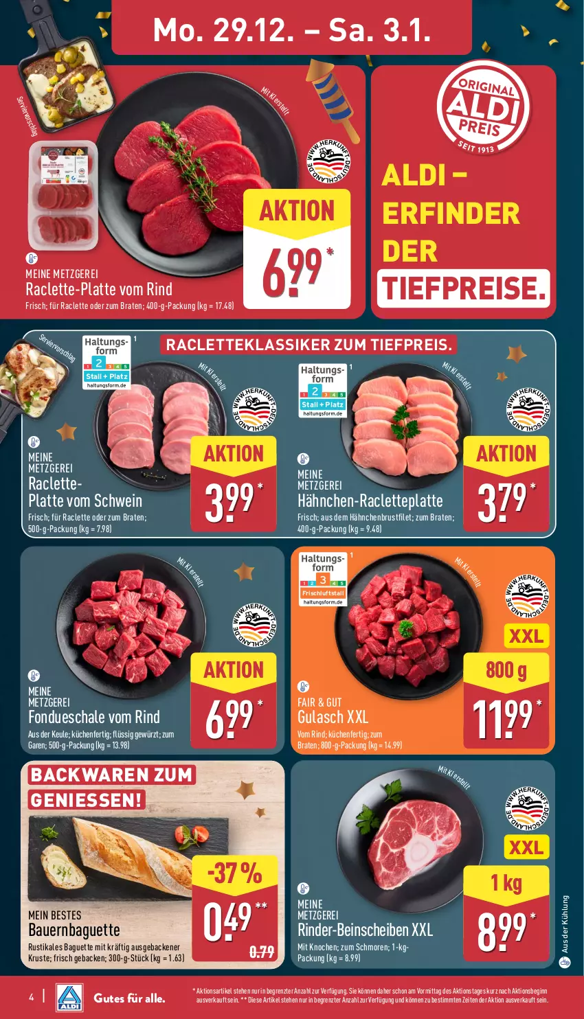 Aktueller Prospekt Aldi Nord - Von Montag - von 29.12.2025 bis 03.01.2026 - strona 4 - produkty: aldi, auer, backwaren, baguette, Bau, Bauer, bio, braten, brustfilet, eis, filet, Fondue, geback, gewürz, gin, gulasch, hähnchenbrust, hähnchenbrustfilet, küche, Küchen, latte, reis, rind, rinder, Schal, Schale, schwein, Ti, tiefpreis, wein, ZTE