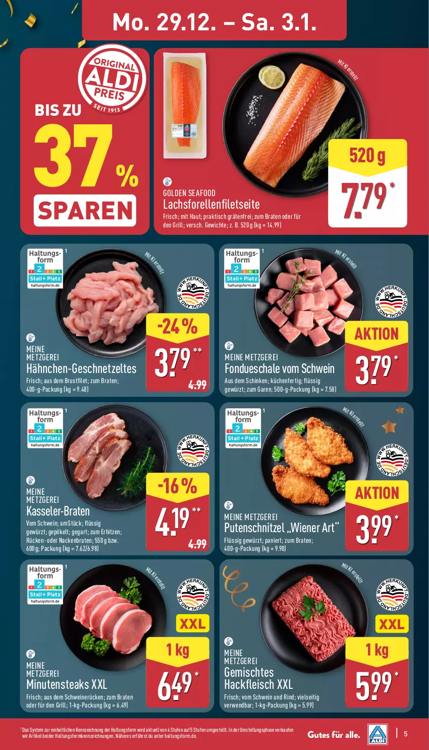 Aktueller Prospekt Aldi Nord - Von Montag - von 29.12.2025 bis 03.01.2026 - strona 5 - produkty: bio, braten, brustfilet, eis, elle, filet, filets, fleisch, Fondue, forelle, geschnetzeltes, gewürz, grill, hackfleisch, kasseler, küche, Küchen, lachs, minutensteaks, pute, rel, rind, rwe, Schal, Schale, schinken, schnitzel, schwein, schwein und rind, schweine, schweinerücken, steak, steaks, Ti, tisch, vom schwein und rind, wein, weine, wiener, Zelt