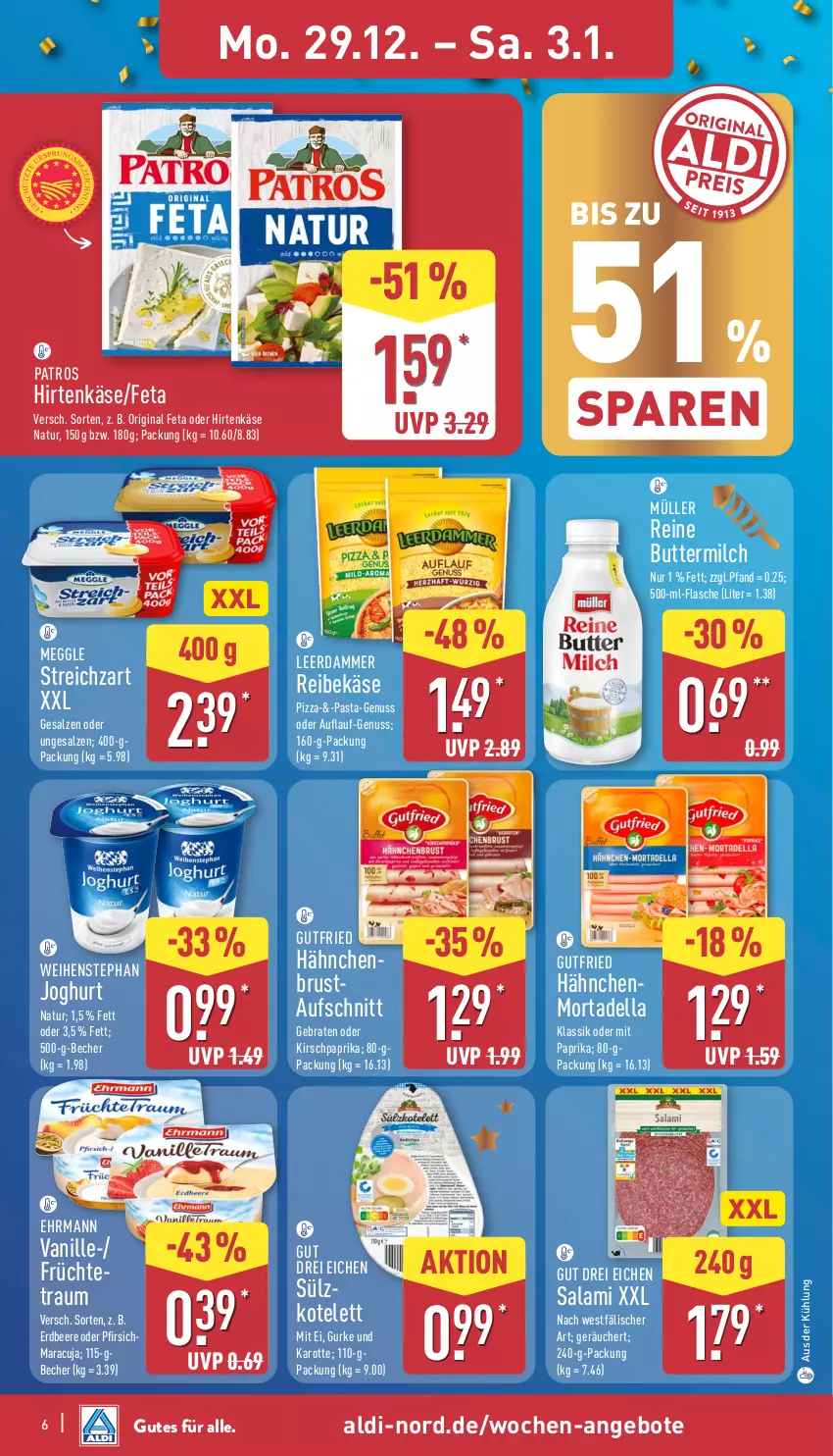 Aktueller Prospekt Aldi Nord - Von Montag - von 29.12.2025 bis 03.01.2026 - strona 6 - produkty: aldi, angebot, angebote, aufschnitt, Becher, beere, braten, butter, buttermilch, dell, ehrmann, erdbeere, feta, flasche, früchte, gin, gurke, gutfried, hähnchenbrust, hirtenkäse, joghur, joghurt, Käse, kirsch, kotelett, leerdammer, maracuja, meggle, milch, mit paprika, mortadella, Müller, natur, nuss, paprika, pasta, patros, pfirsich, pizza, Reibekäse, reine buttermilch, salami, salz, Streichzart, Ti, vanille, weihenstephan
