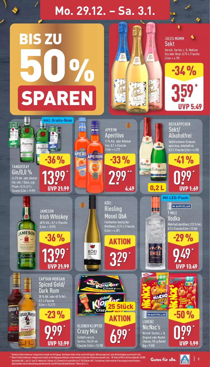 Aktueller Prospekt Aldi Nord - Von Montag - von 29.12.2025 bis 03.01.2026 - strona 9 - produkty: alkohol, beutel, brut, Cap, captain morgan, eis, Elektro, elle, flasche, frucht, fruchtsäfte, gin, HP, irish whiskey, jameson, jules mumm, kleiner klopfer, Laufen, leine, lorenz, mumm, nacho, nacho cheese, riesling, rotkäppchen, rum, säfte, sekt, Tanqueray, teller, Ti, vodka, wein, Weißwein, whiskey, Yo, ZTE