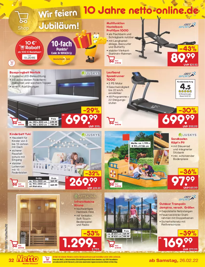 Aktueller Prospekt Netto Marken-Discount - Filial-Angebote - von 28.02 bis 05.03.2022 - strona 32 - produkty: Bank, beleuchtung, bett, boxspringbett, butter, eis, federkern, federkernmatratze, Holz, kernmatratze, Kinder, Kinderbett, latte, lattenrost, led-beleuchtung, matratze, matratzen, Mode, ndk, Radio, reis, ring, Sandkasten, Schütze, sitzbank, spee, Ti, topper, Trampolin, usb, versandkostenfrei