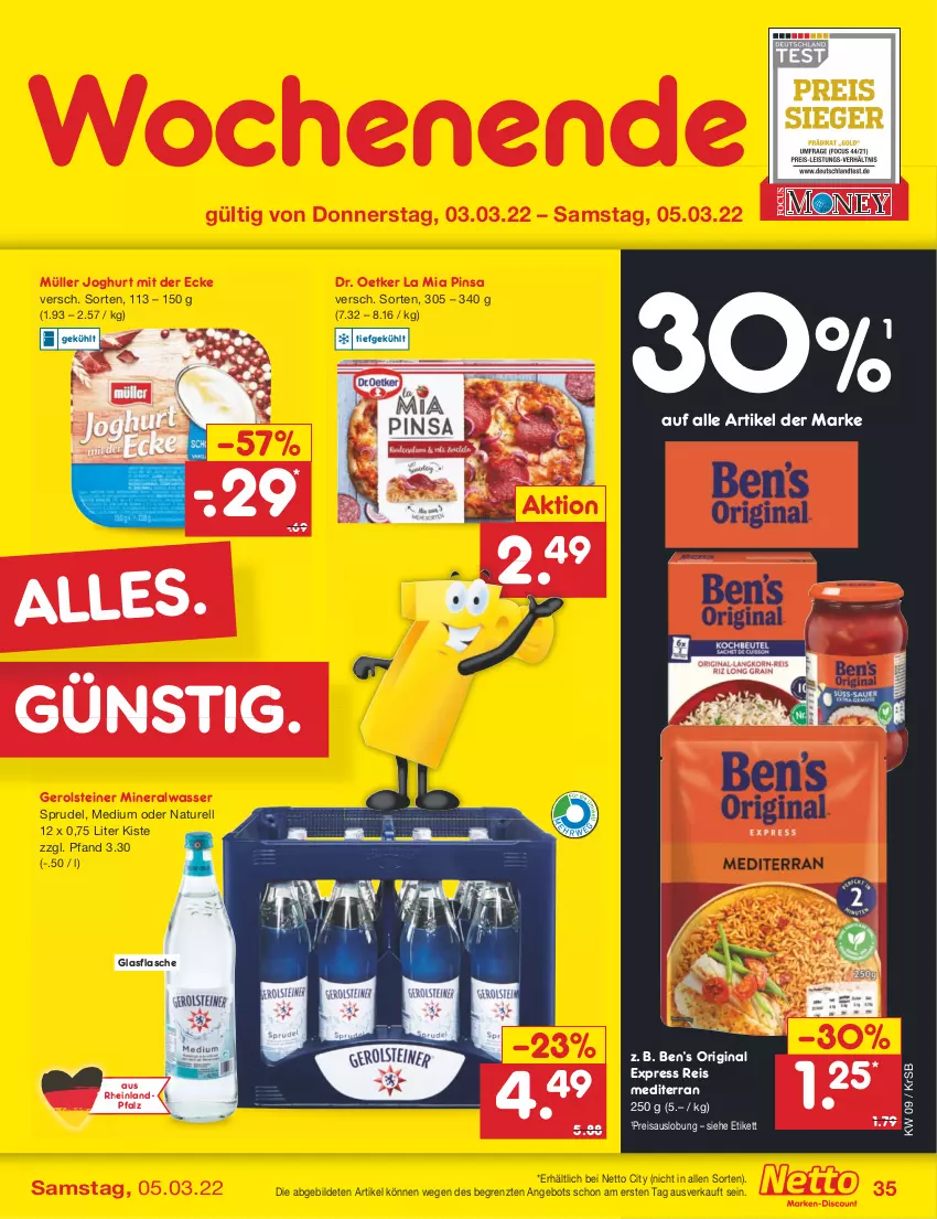 Aktueller Prospekt Netto Marken-Discount - Filial-Angebote - von 28.02 bis 05.03.2022 - strona 35 - produkty: Alwa, angebot, Ben’s Original, Dr. Oetker, eis, flasche, gerolsteine, gerolsteiner, gin, glasflasche, joghur, joghurt, joghurt mit der ecke, mineralwasser, Müller, natur, reis, rel, Sprudel, steiner, Ti, wasser, ZTE