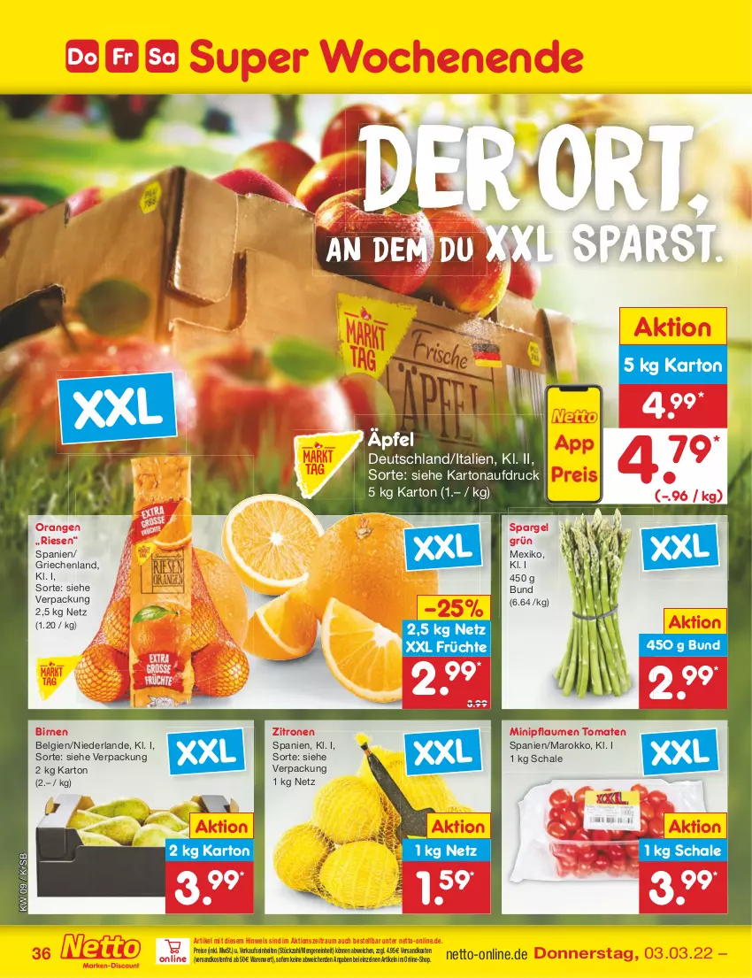 Aktueller Prospekt Netto Marken-Discount - Filial-Angebote - von 28.02 bis 05.03.2022 - strona 36 - produkty: Birnen, eis, früchte, LG, ndk, orange, orangen, pflaume, pflaumen, reis, Schal, Schale, spargel, spargel grün, Ti, tomate, tomaten, versandkostenfrei, zitrone, zitronen