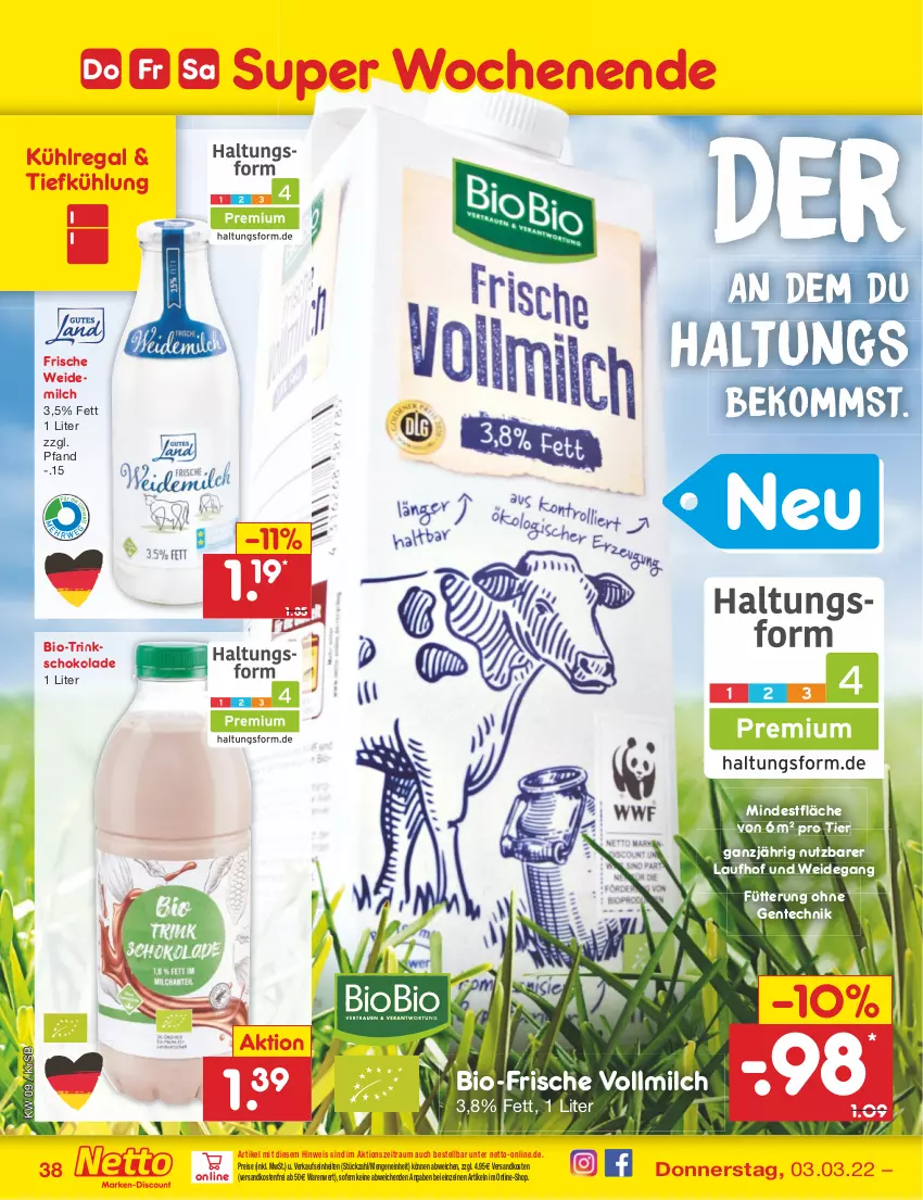 Aktueller Prospekt Netto Marken-Discount - Filial-Angebote - von 28.02 bis 05.03.2022 - strona 38 - produkty: beko, bio, eis, ente, kühlregal, milch, ndk, regal, reis, schoko, schokolade, Ti, versandkostenfrei, vollmilch, weidemilch