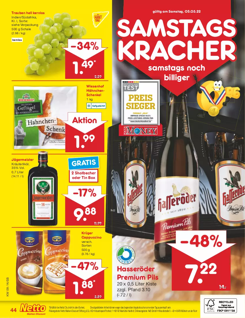 Aktueller Prospekt Netto Marken-Discount - Filial-Angebote - von 28.02 bis 05.03.2022 - strona 44 - produkty: angebot, angebote, Becher, Cap, cappuccino, cin, discount, eis, Germ, hähnchenschenkel, hasseröder, henkel, Holz, jägermeister, kracher, kräuter, kräuterlikör, krüger, likör, marken-discount, Meister, pils, premium pils, Schal, Schale, schenkel, Ti, trauben, uhr, wiesenhof, ZTE