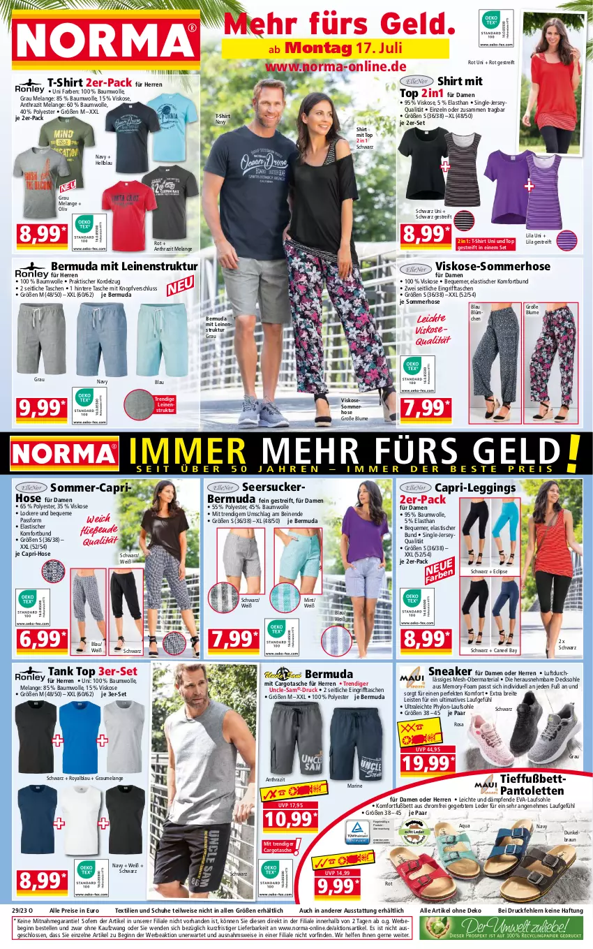 Aktueller Prospekt Norma - Norma - von 17.07 bis 24.07.2023 - strona 1 - produkty: aqua, asti, Bau, baumwolle, Bebe, bermuda, bett, blume, braun, Brei, Cap, caprihose, decksohle, eis, Elan, elle, gin, hose, Hylo, leggings, leine, mint, ndk, pantolette, pantoletten, reis, Ria, schuhe, seersucker, shirt, sneaker, T-Shirt, Tasche, taschen, Ti, tisch, wolle