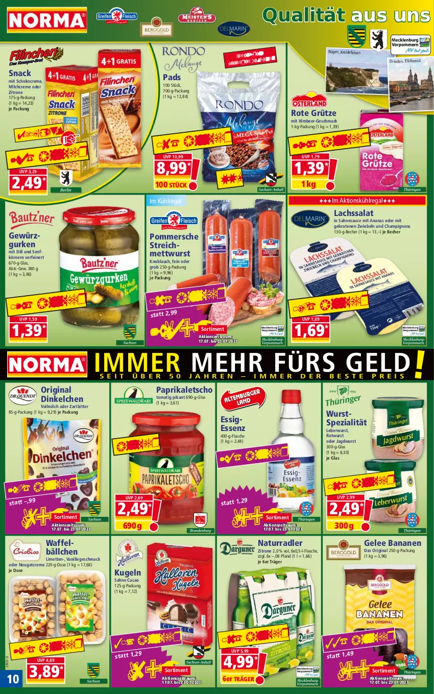 Aktueller Prospekt Norma - Norma - von 17.07 bis 24.07.2023 - strona 10 - produkty: ananas, banane, bananen, Becher, braten, champignon, champignons, creme, essig, flasche, gelee, gewürz, Gewürzgurke, gewürzgurken, gin, grütze, gurke, gurken, himbeer, jagdwurst, kaffee, knoblauch, Kreide, Kugel, kühlregal, lachs, leberwurst, Letscho, limette, limetten, lorenz, mac, Mett, metten, mettwurst, milch, natur, Nougatcreme, paprika, Pommersche, radler, regal, Rote Grütze, Rotwurst, sahne, salat, sauce, schoko, senf, snack, Spezi, Ti, vanille, vollmilch, wurst, zitrone, zwiebel, zwiebeln