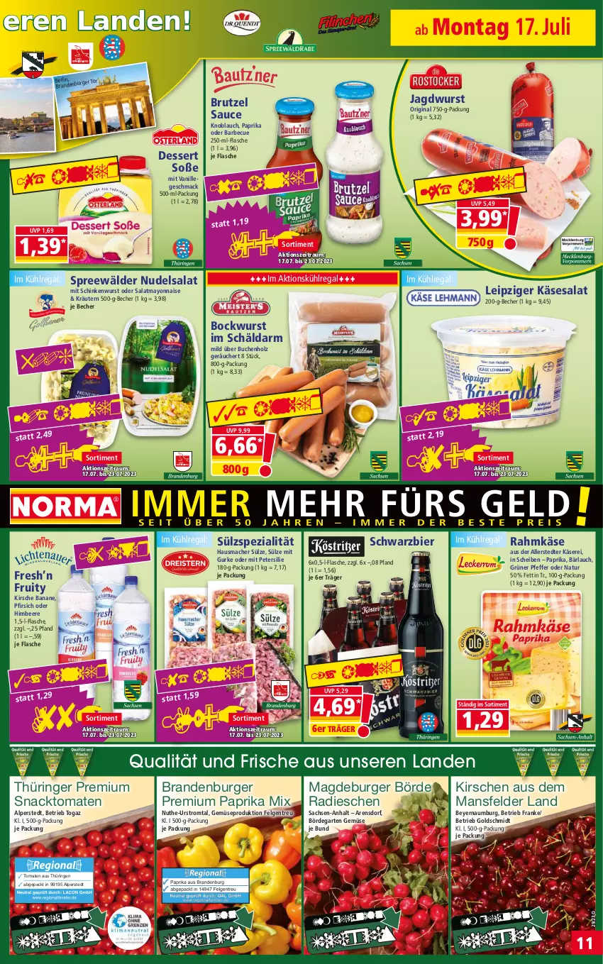 Aktueller Prospekt Norma - Norma - von 17.07 bis 24.07.2023 - strona 11 - produkty: banane, barbecue, Becher, beere, bier, bockwurst, brut, buch, burger, dessert, eis, felgen, flasche, Garten, gin, gurke, Hausmacher, himbeer, himbeere, Holz, jagdwurst, Käse, kirsch, kirsche, kirschen, knoblauch, kräuter, kräutern, kühlregal, LG, mac, mayonnaise, natur, nudel, nudelsalat, paprika, paprika mix, petersilie, pfeffer, pfirsich, radieschen, regal, reis, ring, sac, salat, sauce, schinken, schinkenwurst, snack, Soße, Spezi, spreewälder, Ti, tiefpreis, tomate, tomaten, vanille, wurst, Yo