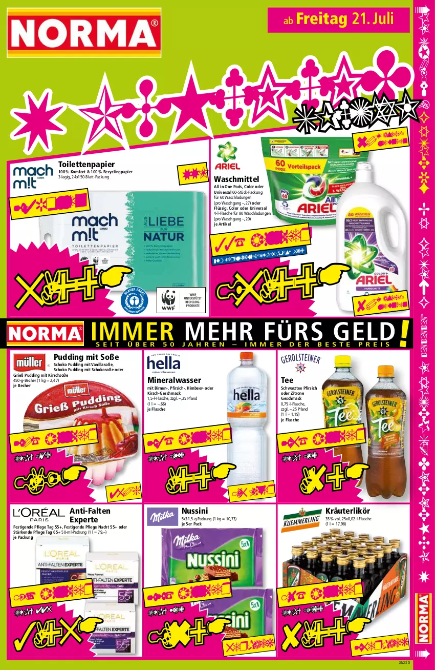 Aktueller Prospekt Norma - Norma - von 17.07 bis 24.07.2023 - strona 15 - produkty: Alwa, anti-falten experte, Becher, Birnen, Clin, flasche, himbeer, kirsch, kräuter, kräuterlikör, likör, mac, mineralwasser, nuss, papier, pfirsich, Pods, pudding, schoko, Soße, tee, Ti, toilettenpapier, waschmittel, wasser, zitrone, ZTE