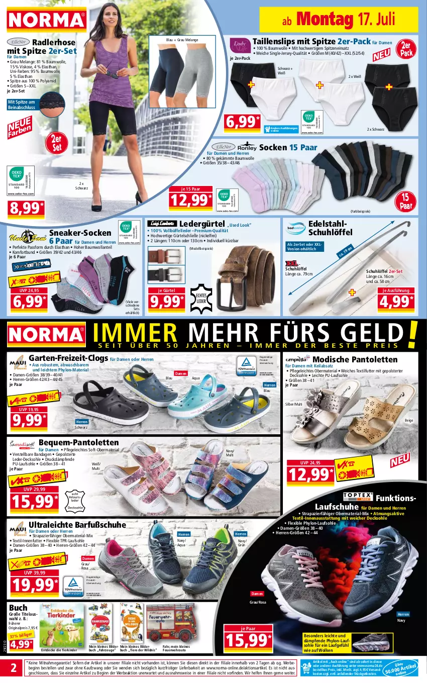 Aktueller Prospekt Norma - Norma - von 17.07 bis 24.07.2023 - strona 2 - produkty: aqua, auto, Bau, baumwolle, Bebe, buch, Clogs, decke, decksohle, dell, edelstahl, eis, Elan, elle, Garten, gin, hose, Hylo, Kinder, Laufschuhe, leine, Löffel, Mode, ndk, pantolette, pantoletten, radler, reis, Ria, rwe, schuhe, slip, slips, sneaker, socken, Spiele, Taillenslip, Ti, Tiere, Wild, wolle