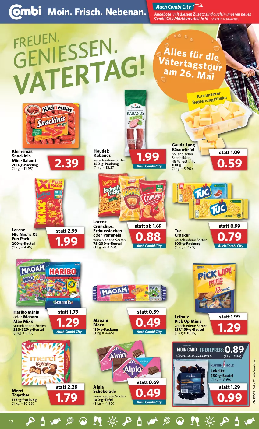 Aktueller Prospekt Combi - Prospekte - von 23.05 bis 28.05.2022 - strona 12 - produkty: alpia, angebot, angebote, beutel, chips, cracker, crunchips, eis, erdnuss, gouda, gouda jung, haribo, holländischer schnittkäse, houdek, kabanos, Käse, Lakritz, leibniz, leine, lorenz, lorenz crunchips, maoam, merci, Mini-Salami, nuss, Pommels, reis, salami, schnittkäse, schoko, schokolade, snack, tuc, würfel